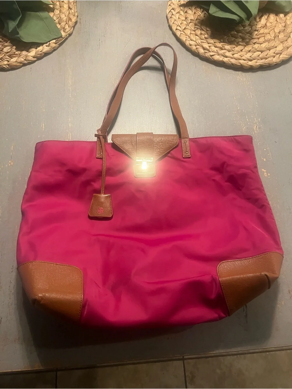 Tory Burch Fuchsia Nylon Tote with Brown Leather Trim
